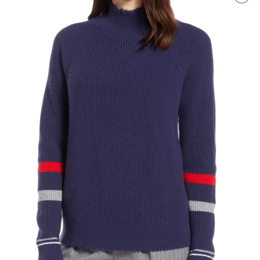 Halogen Stripe Sleeve Frayed Edge Sweater- Med